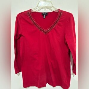 Jones New York Red Long Sleeve V-Neck Top
